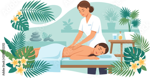 Woman receiving therapeutic massage with tropical foliage and spa elements in soft natural light