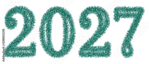 Green tinsel. 2027. Lettering made from a festive Christmas ornament. Fluffy numbers made of two lines. Vector illustration. Isolated background. Cute plush message. Happy New Year. Rustling text.