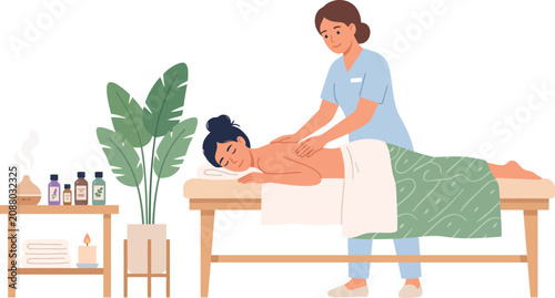 Woman receiving therapeutic back massage from a therapist in a serene spa setting with essential oils