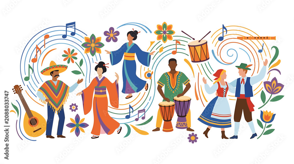 Fototapeta premium Diverse group of people from different cultures dancing and playing musical instruments.
