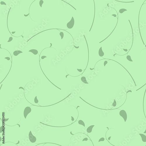 Scattered branches with green leaves. Seamless vector pattern. Isolated green background. Continuously repeating plant print. Flat style. Design idea for wallpaper, backgrounds, fabric, and packaging.
