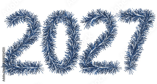 Blue tinsel. 2027. Lettering made from a festive Christmas ornament. Fluffy numbers. Vector illustration. Isolated background. Cute plush message. Happy New Year. Rustling text. Idea for web design.