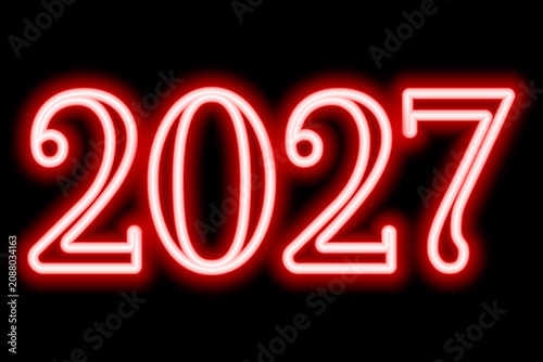 2027. Neon. Red glowing number. New Year. Color vector illustration. Isolated on black background. Idea for web design, banner.