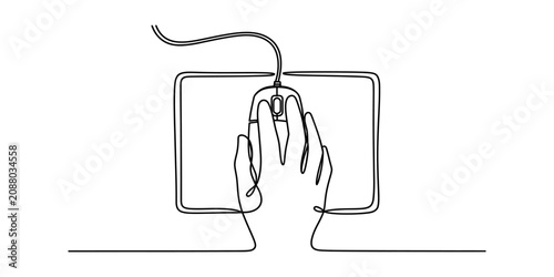 Photos Continuous single line drawing of a human hand using a computer mouse on a recta