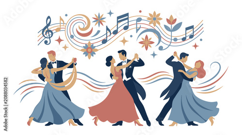 Elegant couples ballroom dancing with musical notes and decorative elements.