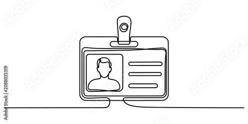 Continuous single line drawing of an id card badge with a person portrait and name lines for business employee identification document access concept