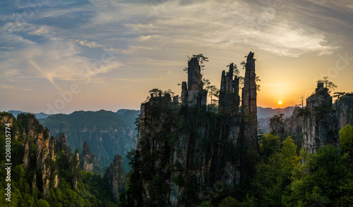 Aerial View of Zhangjiajie National Forest Park at Sunset, Hunan Province, China