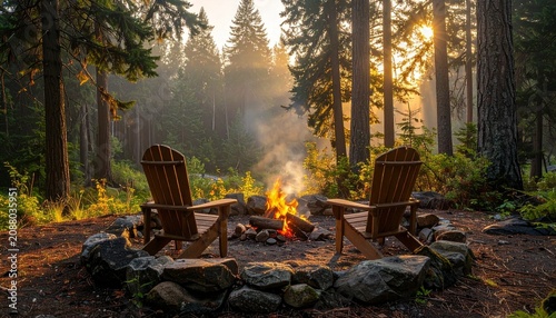 An intimate woodland campfire scene with Adirondack chairs facing flickering flames inside a circular rock pit. Morning mist drifts between tall evergreens as golden light creates a cozy wilderness.