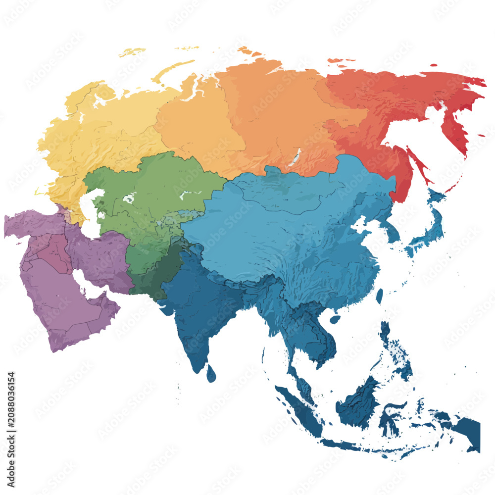 Fototapeta premium Colorful Map of Asia Divided into Distinct Regions