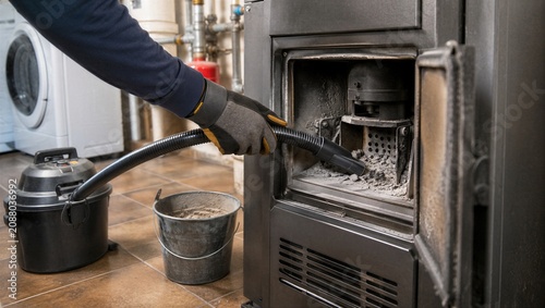 Man cleaning pellet stove ash with vacuum cleaner. Home maintenance of biomass heating equipment. Periodic burner care for safe and efficient boiler operation in residential room.