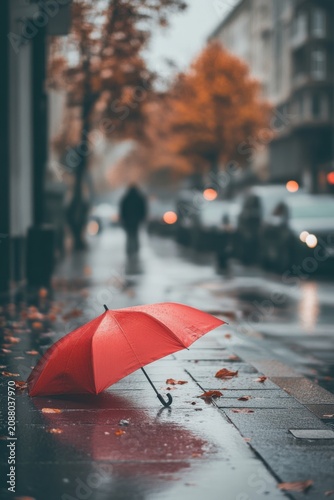 A red umbrella rests on a wet sidewalk after rain. Nearby, people move along the street as autumn leaves scatter on the ground, creating a lively urban scene