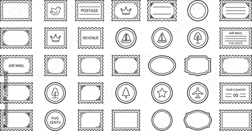 Billede på lærred Vintage Postage Stamp Frames and Postal Seal Outline Icon Set Vector Collection