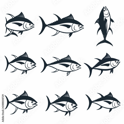 Collection of marine tuna silhouettes designed as scalable vectors