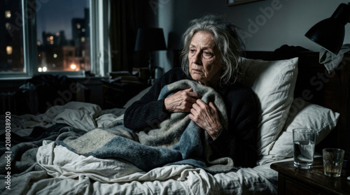 Elderly Woman Comforted By Blanket In Bed At Nightstock Photography