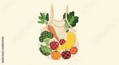 Eco friendly reusable string mesh bag filled with a healthy variety of fresh organic vegetables and fruits from the market.