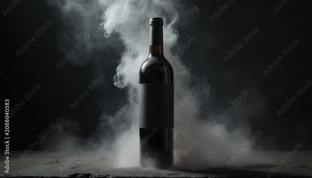 Obraz premium Elegant dark wine bottle stands on rough concrete surface surrounded by dense white smoke. Premium alcoholic beverage branding concept features minimalist glass container inside moody studio