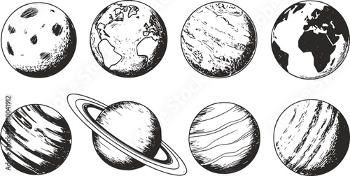 Canvastavla 白い背景に孤立した、手書き風の惑星と天体のコレクション