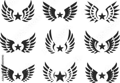 Obraz na plátně 中央の星の形を囲む様式化されたワシの翼を特徴とする9つの白黒デザインのコレクション