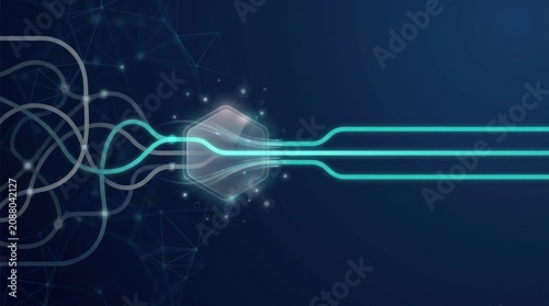 Enterprise process streamlining with tangled workflow routes reorganized into clean parallel paths on dark blue technology background with copy space
