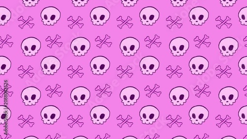 Looping seamless 2D cartoon animation pattern. Pastel pink background with hand-drawn animated skulls and bones. Perfect for a Halloween stream waiting screen, screensavers or intro video.