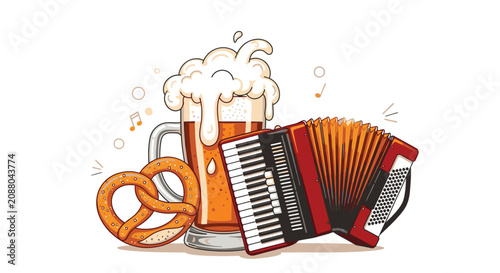 Bild auf Leinwand Beer mug with pretzel and accordion.