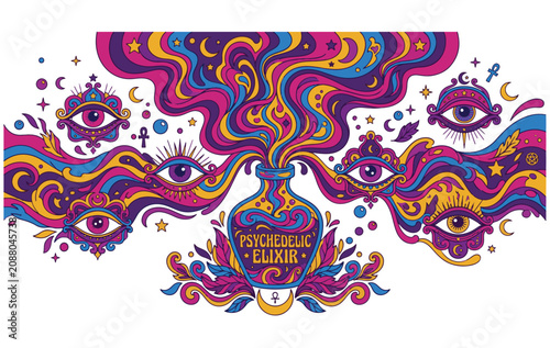 A flat vector illustration of a 60s psychedelic witchcraft Halloween scene