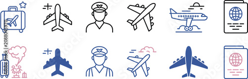 Konstfotografi International travel airport airplane flight icon line featuring immigration, aviation, pilot, visa, boarding, suitcase, passport, departure, and arrival symbols