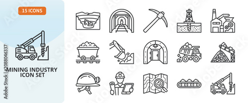 Bild auf Leinwand Mining industry icon set, vector illustration of various mining equipment, tools