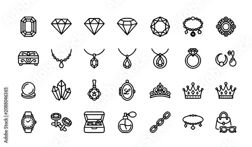 Foto Luxury Fashion Line Icon Set with Gemstone Bracelet Brooch Emerald and Jewelry A