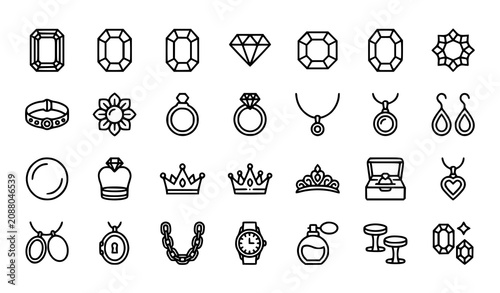 Konstfotografi Premium Luxury Jewelry Line Icon Set with Precious Gemstones Bracelets and Fashi