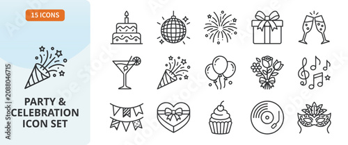 Party and celebration icon set, festive outline icons for birthday, holiday, nightlife, music, entertainment, and social events, vector illustration