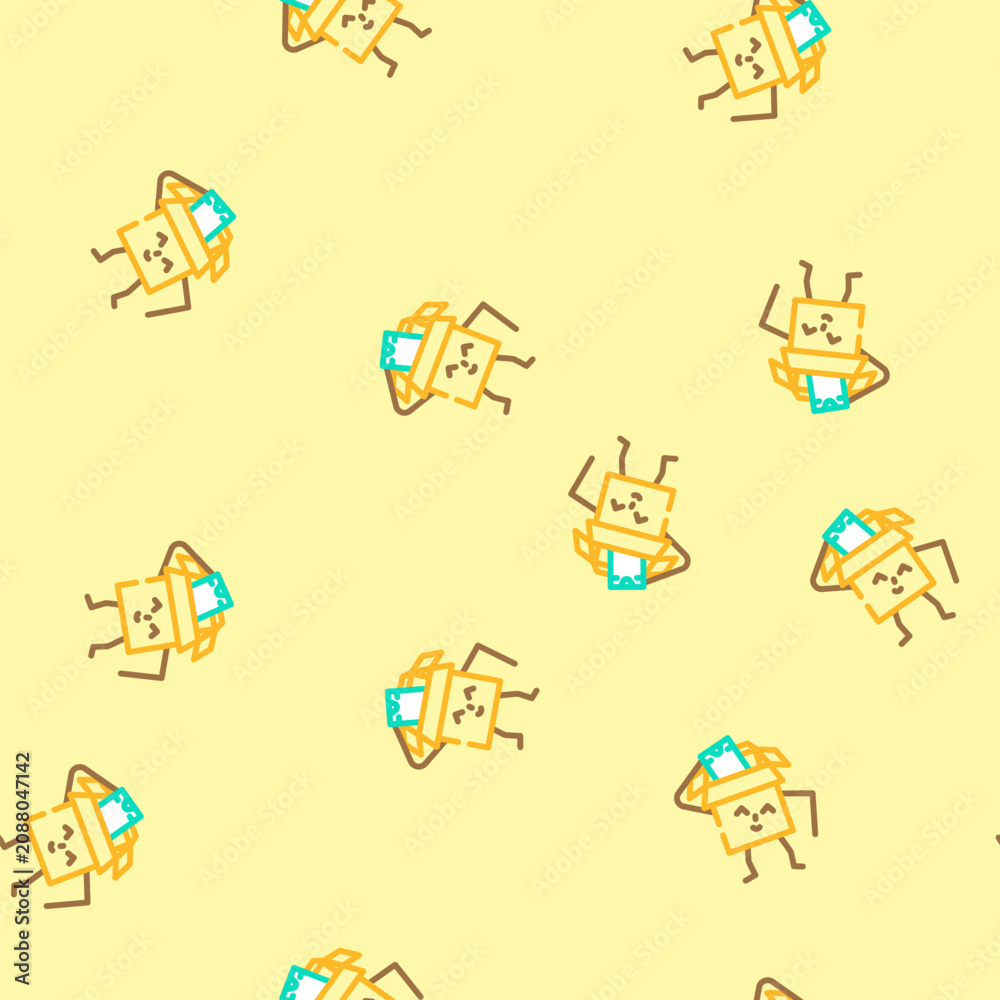 Naklejka premium take out cardboard box character vector seamless pattern take out cardboard box character sign illustration