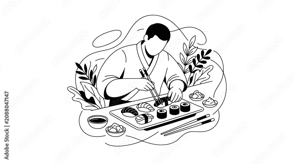 Obraz premium Chef preparing delicious sushi rolls with fresh ingredients.