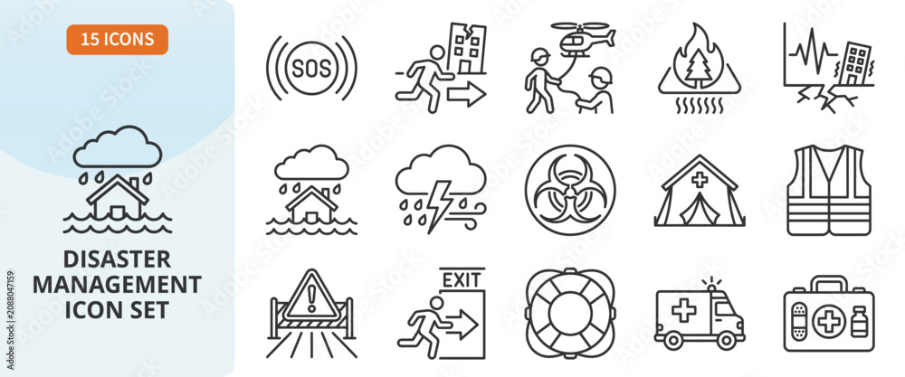 Fototapeta premium Disaster management icon set, emergency and natural disaster symbols, vector illustration