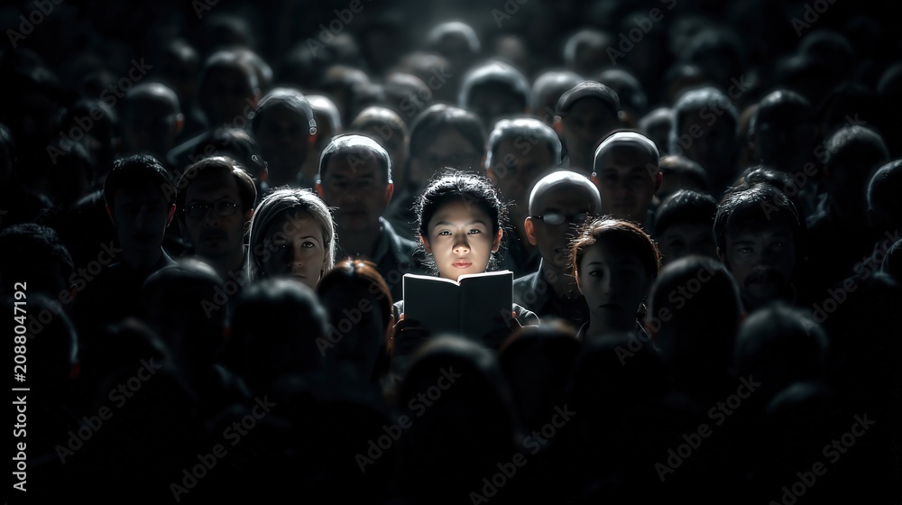 Obraz premium Reader illuminated among crowd of people