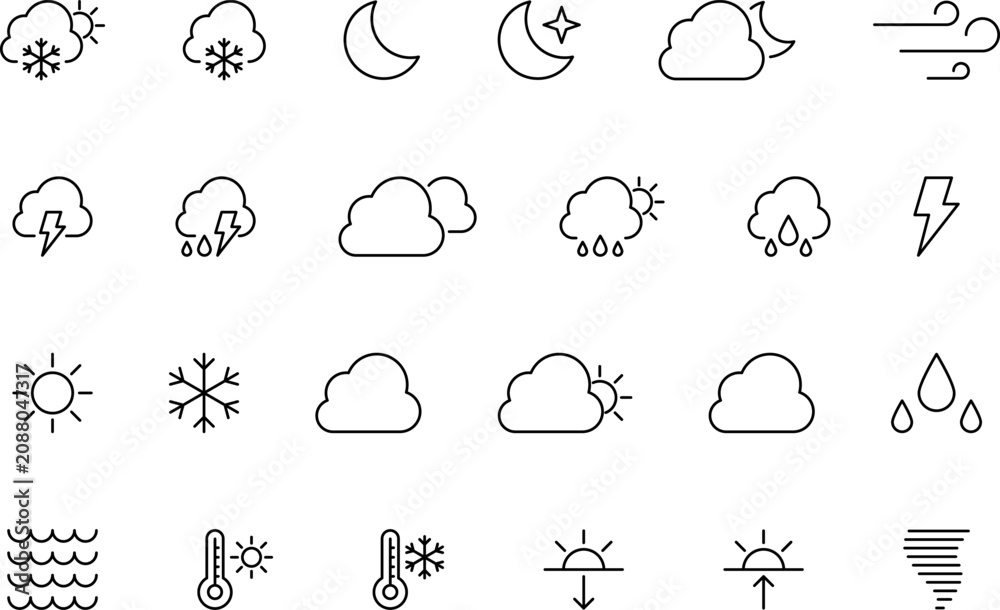 Obraz premium Weather icons in line style. Clouds, sun, rain, moon, snow, wind collection. Vector illustration.