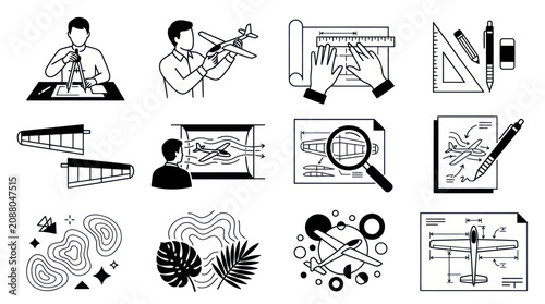 Collection of doodle illustrations depicting various aspects of aviation design and engineering.