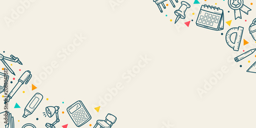 Tableau sur toile Fond horizontal beige pour la rentrée scolaire avec pictogrammes d’école en bordure et grand espace vide pour ajouter texte, logo ou message promotionnel