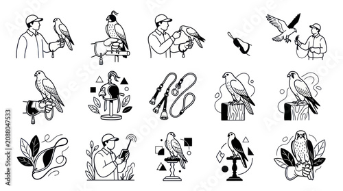 Photos Collection of Falconry Illustrations Featuring Birds of Prey and Handlers