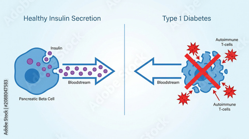 Type 1 Diabetes and Healthy Insulin Secretion Autoimmune Mechanism Diagram