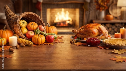 Traditional Thanksgiving Dinner Table with Roasted Turkey, Cornucopia, and Autumn Decorations