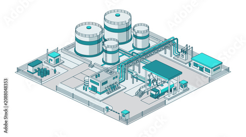 Isometric oil storage terminal and fuel depot factory vector illustration