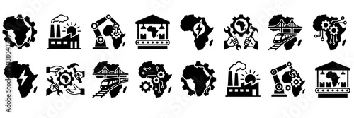 Obraz na plátne Comprehensive Vector Symbols Showcasing African Economic Progress Industrializat