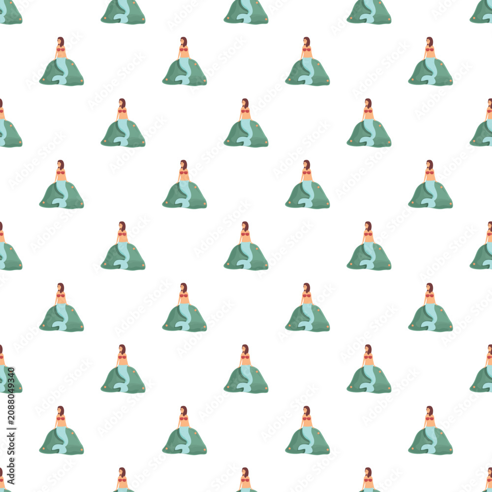 Obraz premium Seamless pattern featuring cute mermaids sitting on green rocks with starfish
