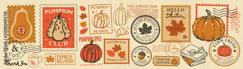 Autumn postage stamp collection with pumpkins, maple leaves, books, coffee, cozy fall labels and postal marks. Retro harvest vector set for stickers, branding, packaging and seasonal designs.