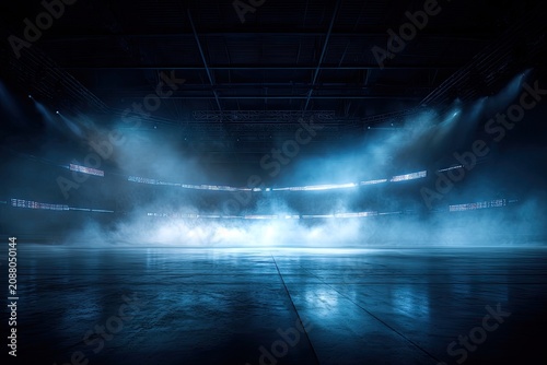 Empty arena interior shrouded in mist with bright spotlights and a polished ice rink surface