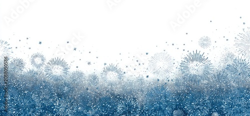 Abstract blue and white artwork resembling fireworks or a snowy landscape. The sky is bright white