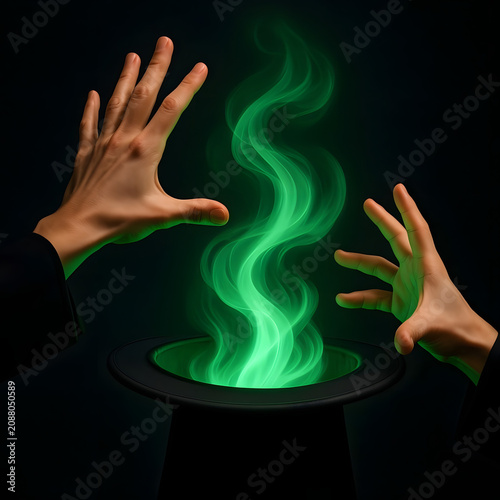 Hands performing magic spell with green swirling smoke in darkness  