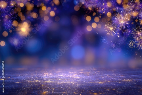 Festive bokeh background. Abstract gold and blue glitter. Sparkling fireworks frame a floor