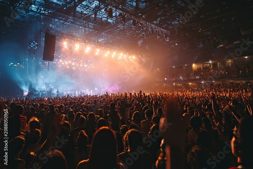 Large crowd enjoys a concert in an arena filled with bright stage lights and an excited atmosphere